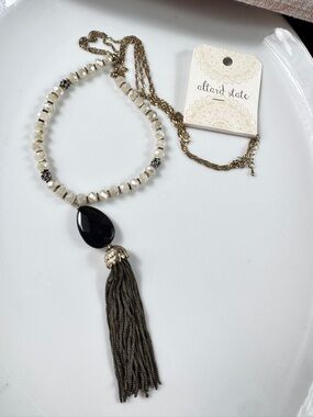 Altar'd State Gold Chain Necklace with Cream Glass Beads, Black Glass Pendant